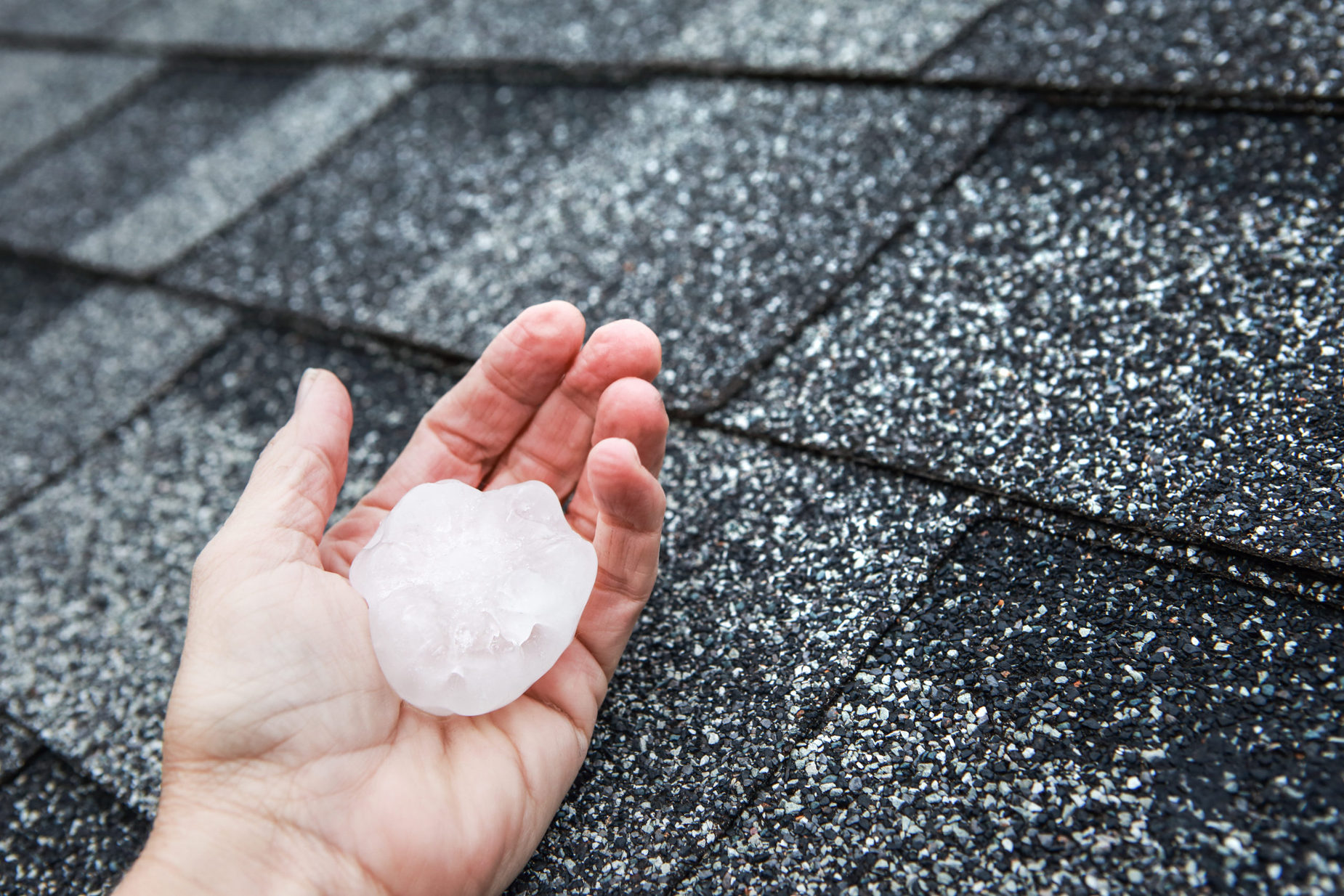 Large hailstone in a hand above an asphalt shingle roof